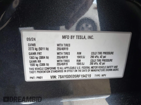 2024 Tesla Model Y с VIN 7SAYGDED5RF194219, выставлен на аукционе IAAI как лот 41594132 с пробегом 21 255 миль миль и . История ставок и продаж доступна на DreamBid. Изображение 9.