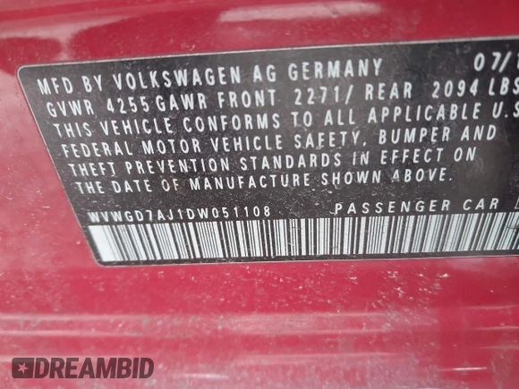 2013 Volkswagen GTI Autobahn с VIN WVWGD7AJ1DW051108, выставлен на аукционе IAAI как лот 41239963 с пробегом 146 951 миль миль и . История ставок и продаж доступна на DreamBid. Изображение 9.