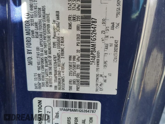 2016 Ford Mustang V6 with VIN 1FA6P8AM1G5264787, listed as a Copart auction lot 48259475 with 137,496 mi miles and Salvage Title. Bid and sale history available at carsss.com. Image 14.