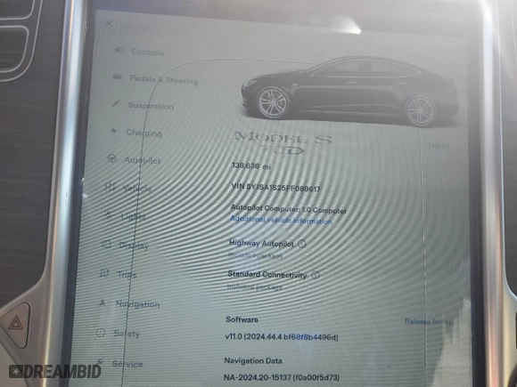2015 Tesla Model S 85D with VIN 5YJSA1S25FF089617, listed as a Copart auction lot 46180305 with 138636 miles and Salvage Title. Bid and sale history available at carsss.com. Image 9.