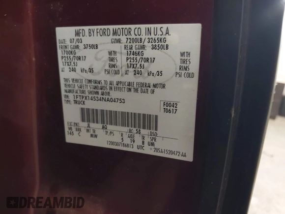 2004 Ford F-150 XLT с VIN 1FTPX14534NA04753, выставлен на аукционе IAAI как лот 42840576 с пробегом 192 721 миль миль и . История ставок и продаж доступна на DreamBid. Изображение 9.