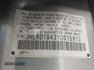2001 Honda CR-V LX with VIN JHLRD18431C015913, listed as a IAAI auction lot 41953334 with 185,626 mi miles. Bid and sale history available at carsss.com. Image 9.