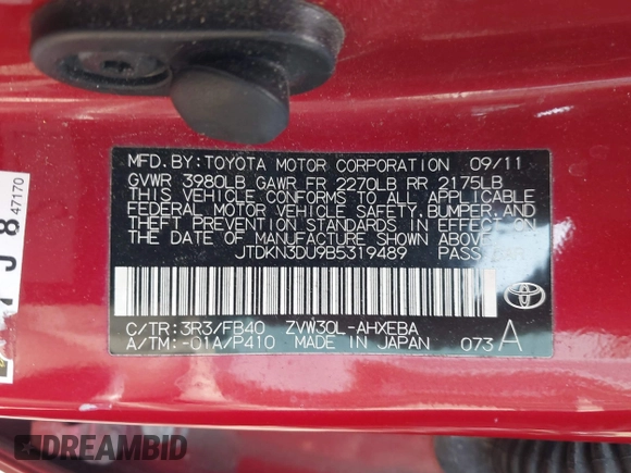 2011 Toyota Prius I with VIN JTDKN3DU9B5319489, listed as a IAAI auction lot 42062283 with 201,317 mi miles. Bid and sale history available at carsss.com. Image 9.