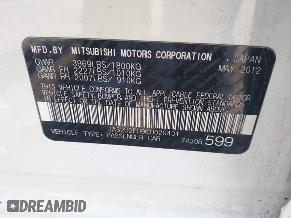 2012 Mitsubishi Lancer ES with VIN JA32U2FU9CU029401, listed as a IAAI auction lot 42539982 with 161,404 mi miles and . Bid and sale history available at DreamBid. Image 9.