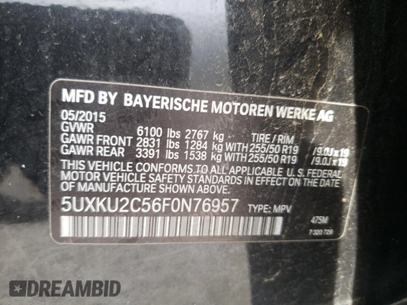 2015 BMW X6 xDrive35i with VIN 5UXKU2C56F0N76957, listed as a Copart auction lot 32192922 with 0 mi miles. Bid and sale history available at carsss.com. Image 10.
