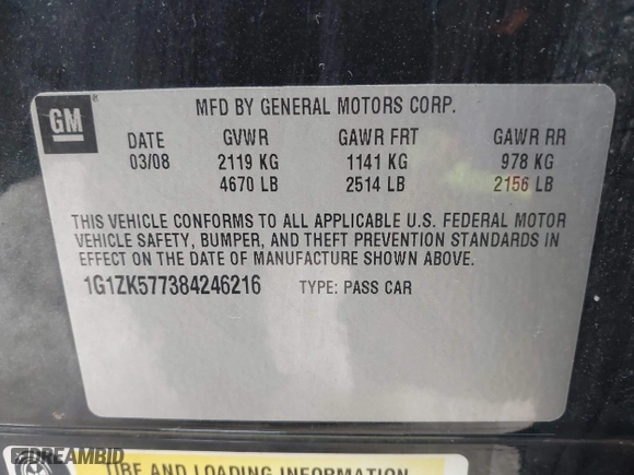 2008 Chevrolet Malibu LTZ with VIN 1G1ZK577384246216, listed as a IAAI auction lot 41899907 with 62,413 mi miles. Bid and sale history available at carsss.com. Image 9.