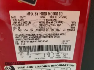 2012 Ford F-150 XL with VIN 1FTFW1EF4CFB35348, listed as a Copart auction lot 62823115 with 208,883 mi miles and Salvage title. Bid and sale history available at DreamBid. Image 12.