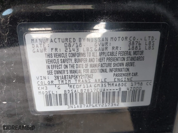 2019 Nissan Sentra S with VIN 3N1AB7AP6KY217342, listed as a IAAI auction lot 41712123 with 107,886 mi miles. Bid and sale history available at carsss.com. Image 9.