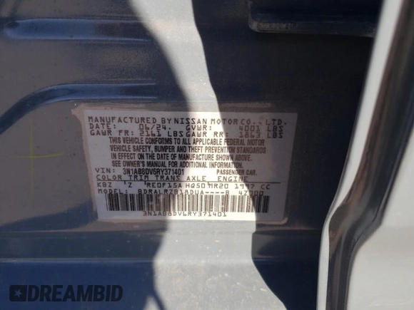 2024 Nissan Sentra SR with VIN 3N1AB8DV6RY371401, listed as a Copart auction lot 49747175 with 11,382 mi miles and Salvage Title. Bid and sale history available at carsss.com. Image 12.