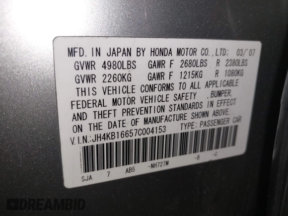 2007 Acura RL Technology with VIN JH4KB16657C004153, listed as a IAAI auction lot 42206466 with 333,860 mi miles and . Bid and sale history available at DreamBid. Image 9.