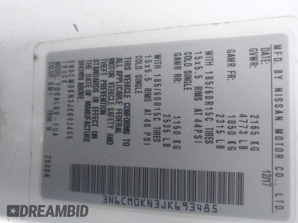 2018 Nissan NV200 SV z VIN 3N6CM0KN3JK693485, wystawiony jako IAAI lot #41699643 z przebiegiem Nie podano mil oraz . Historia ofert i sprzedaży dostępna na DreamBid. Obrazek 9.