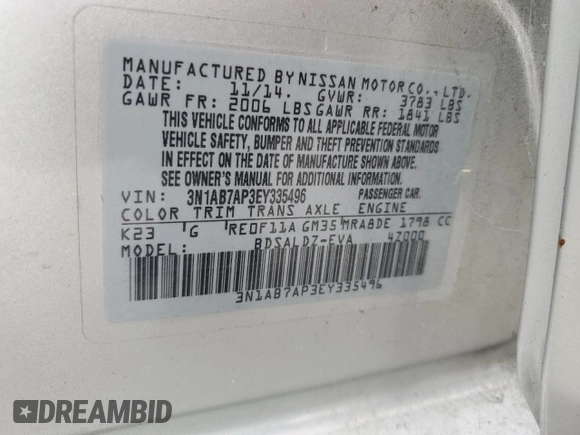 2014 Nissan Sentra SV z VIN 3N1AB7AP3EY335496, wystawiony jako Copart lot #59862315 z przebiegiem 78 507 mil mil oraz Czysty tytuł • Clean title. Historia ofert i sprzedaży dostępna na DreamBid. Obrazek 12.