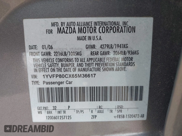 2006 Mazda 6 i with VIN 1YVFP80CX65M36617, listed as a IAAI auction lot 42059906 with 189,192 mi miles. Bid and sale history available at carsss.com. Image 9.
