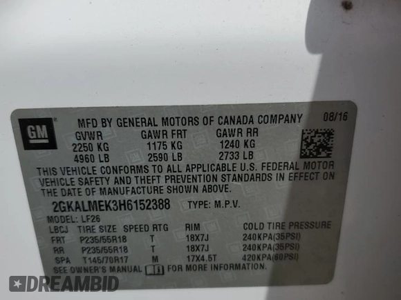 2017 GMC Terrain SLE with VIN 2GKALMEK3H6152388, listed as a Copart auction lot 52965985 with 168,779 mi miles and Clean Title. Bid and sale history available at carsss.com. Image 12.