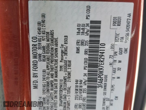 2014 Ford Fusion Titanium с VIN 3FA6P0K97ER294110, выставлен на аукционе Copart как лот 54403875 с пробегом 116 018 миль миль и Списание • Salvage title. История ставок и продаж доступна на DreamBid. Изображение 12.