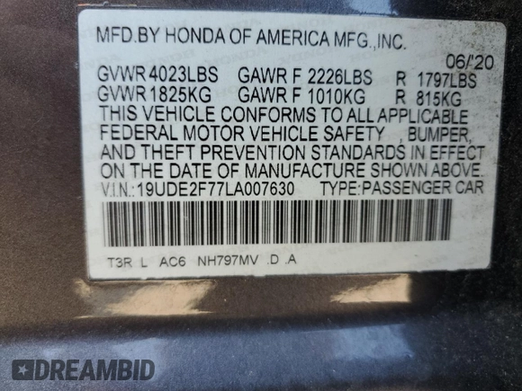 2020 Acura ILX Premium with VIN 19UDE2F77LA007630, listed as a Copart auction lot 62655785 with 102,941 mi miles and Salvage title. Bid and sale history available at DreamBid. Image 12.