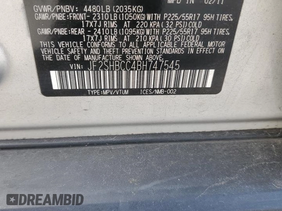 2011 Subaru Forester 2.5X Premium with VIN JF2SHBCC4BH747545, listed as a Copart auction lot 43462125 with 0 mi miles and Salvage Title. Bid and sale history available at carsss.com. Image 13.
