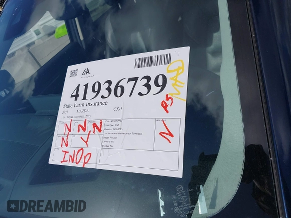 2021 Mazda CX-5 Grand Touring with VIN JM3KFBDM6M1312573, listed as a IAAI auction lot 41936739 with Not Provided miles and . Bid and sale history available at DreamBid. Image 16.