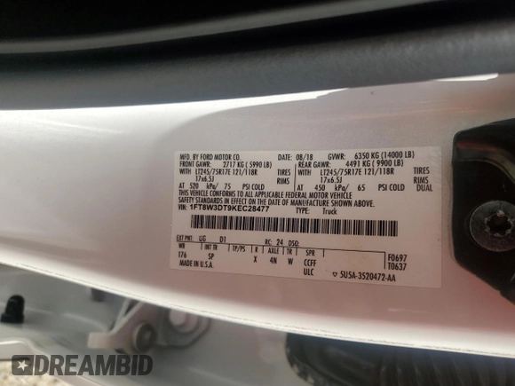 2019 Ford F-350 XL with VIN 1FT8W3DT9KEC28477, listed as a Copart auction lot 60122745 with Not provided miles and Salvage title. Bid and sale history available at DreamBid. Image 13.