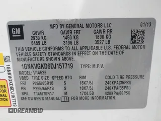 2013 Chevrolet Traverse LT with VIN 1GNKVGKD6DJ157719, listed as a IAAI auction lot 41987527 with 148,486 mi miles and . Bid and sale history available at DreamBid. Image 9.