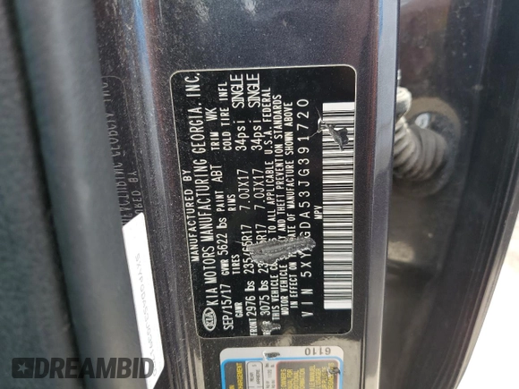 2018 Kia Sorento LX V6 with VIN 5XYPGDA53JG391720, listed as a Copart auction lot 51738865 with 58,610 mi miles and Salvage Title. Bid and sale history available at carsss.com. Image 13.