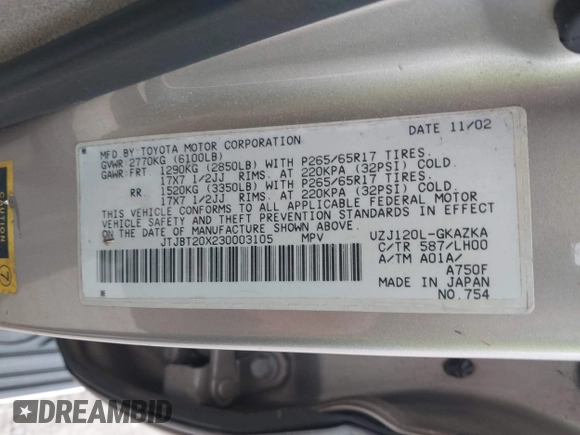 2003 Lexus GX 470 z VIN JTJBT20X230003105, wystawiony jako IAAI lot #42063855 z przebiegiem 204 004 mil mil oraz . Historia ofert i sprzedaży dostępna na DreamBid. Obrazek 9.