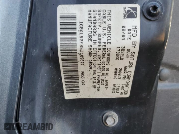 2005 Saturn ION ION 3 z VIN 1G8AL52F85Z109877, wystawiony jako Copart lot #79039134 z przebiegiem 202 352 mil mil oraz Szkody całkowita. Historia ofert i sprzedaży dostępna na DreamBid. Obrazek 12.