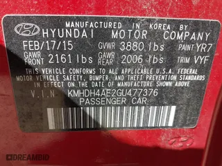 2016 Hyundai Elantra Value Edition with VIN KMHDH4AE2GU477376, listed as a IAAI auction lot 41686995 with 61,165 mi miles. Bid and sale history available at carsss.com. Image 9.