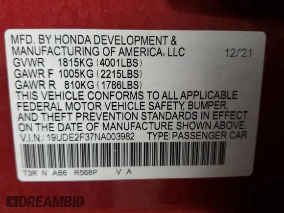2022 Acura ILX with VIN 19UDE2F37NA003982, listed as a Copart auction lot 52448095 with 62,518 mi miles and Non Repairable. Bid and sale history available at DreamBid. Image 13.