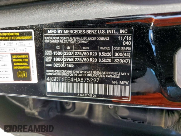 2017 Mercedes-Benz GLS 450 with VIN 4JGDF6EE4HA875297, listed as a Copart auction lot 54124085 with 118,197 mi miles and Salvage Title. Bid and sale history available at DreamBid. Image 14.