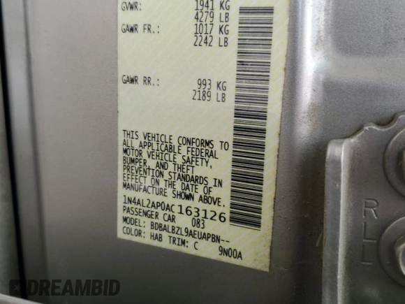 2010 Nissan Altima S with VIN 1N4AL2AP0AC163126, listed as a Copart auction lot 58383855 with 127,444 mi miles and Salvage title. Bid and sale history available at DreamBid. Image 12.