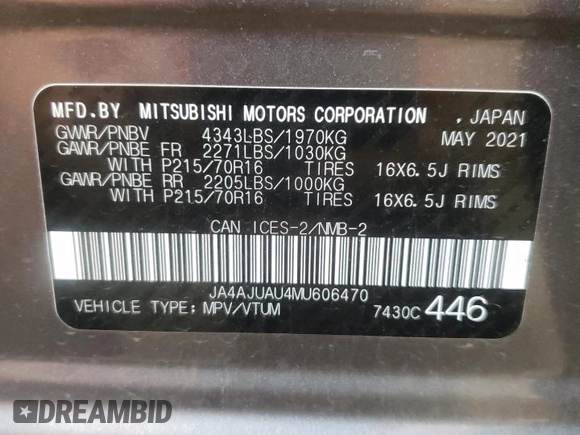2021 Mitsubishi Outlander Sport ES with VIN JA4AJUAU4MU606470, listed as a Copart auction lot 87501685 with 22,975 mi miles and Salvage title. Bid and sale history available at DreamBid. Image 14.