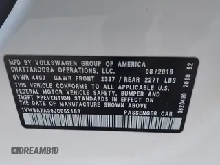 2018 Volkswagen Passat SE with VIN 1VWBA7A30JC052183, listed as a IAAI auction lot 42019565 with 105,743 mi miles and . Bid and sale history available at DreamBid. Image 9.