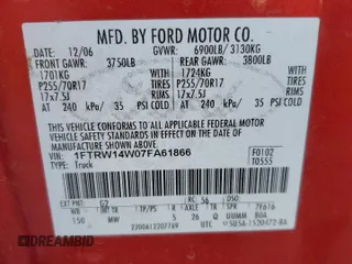 2007 Ford F-150 XLT with VIN 1FTRW14W07FA61866, listed as a Copart auction lot 86351004 with 250,615 mi miles and Salvage title. Bid and sale history available at DreamBid. Image 12.