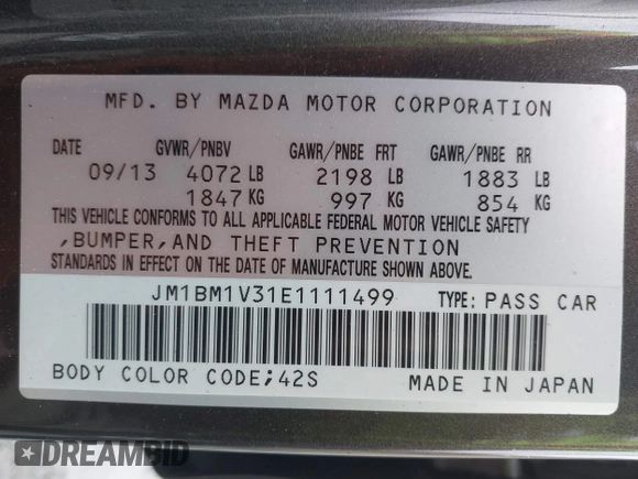 2014 Mazda 3 S Touring with VIN JM1BM1V31E1111499, listed as a IAAI auction lot 41476457 with 109,337 mi miles and . Bid and sale history available at DreamBid. Image 9.