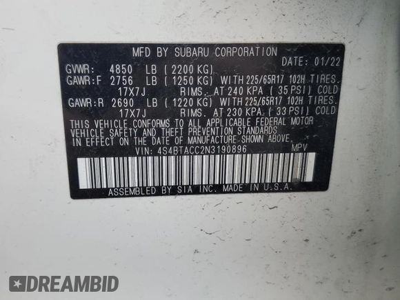 2022 Subaru Outback Premium с VIN 4S4BTACC2N3190896, выставлен на аукционе Copart как лот 62421885 с пробегом 61 958 миль миль и Списание • Salvage title. История ставок и продаж доступна на DreamBid. Изображение 13.