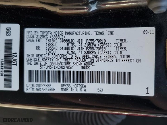 2012 Toyota Tundra 4WD Truck with VIN 5TFUM5F1XCX027852, listed as a Copart auction lot 48555935 with 172,591 mi miles and Salvage Title. Bid and sale history available at carsss.com. Image 14.