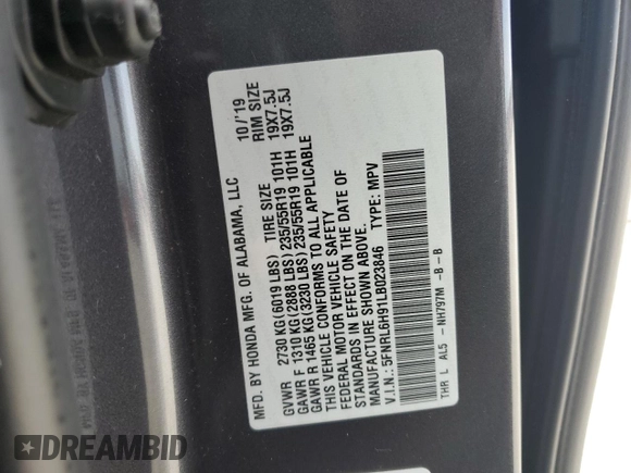 2020 Honda Odyssey Elite with VIN 5FNRL6H91LB023846, listed as a Copart auction lot 48240135 with 92,400 mi miles and Salvage title. Bid and sale history available at DreamBid. Image 15.
