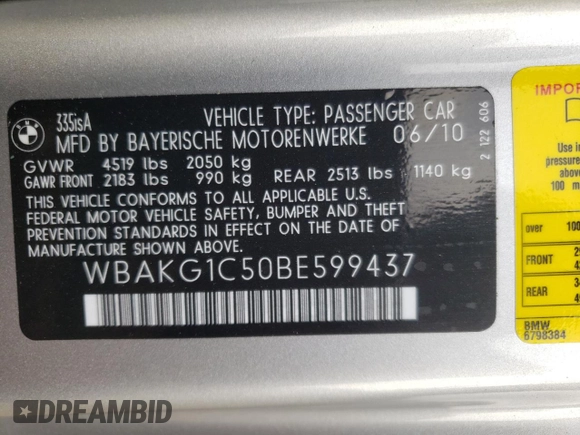 2011 BMW 3 Series 335is with VIN WBAKG1C50BE599437, listed as a Copart auction lot 61936864 with 165,046 mi miles and Salvage Title. Bid and sale history available at carsss.com. Image 12.