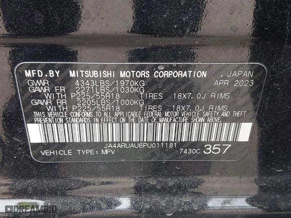 2023 Mitsubishi Outlander Sport ES with VIN JA4ARUAU6PU011181, listed as a IAAI auction lot 41593699 with 88,069 mi miles. Bid and sale history available at carsss.com. Image 9.