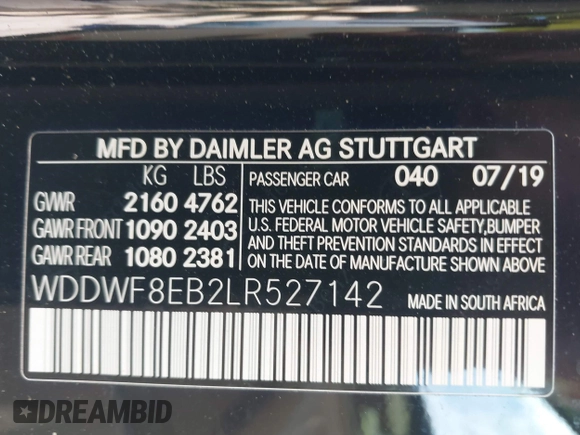 2020 Mercedes-Benz C 300 with VIN WDDWF8EB2LR527142, listed as a IAAI auction lot 40095907 with 52,082 mi miles and . Bid and sale history available at DreamBid. Image 9.