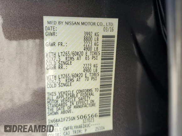 2016 Nissan Titan XD Platinum Reserve with VIN 1N6BA1F25GN506566, listed as a Copart auction lot 74627704 with 87,012 mi miles and Salvage Title. Bid and sale history available at carsss.com. Image 12.
