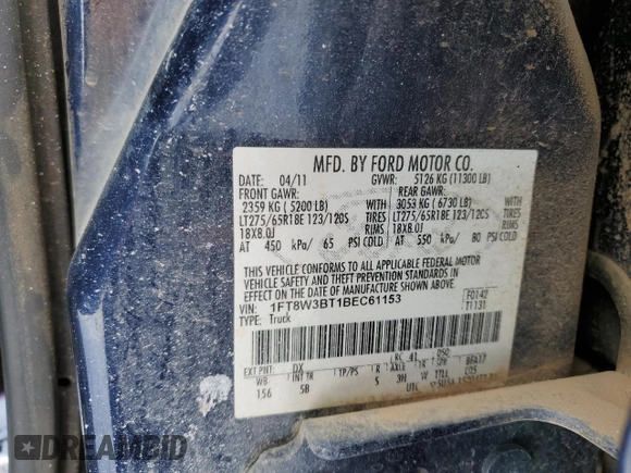2011 Ford F-350 XL with VIN 1FT8W3BT1BEC61153, listed as a Copart auction lot 45482185 with 176,266 mi miles and Clean Title. Bid and sale history available at DreamBid. Image 12.