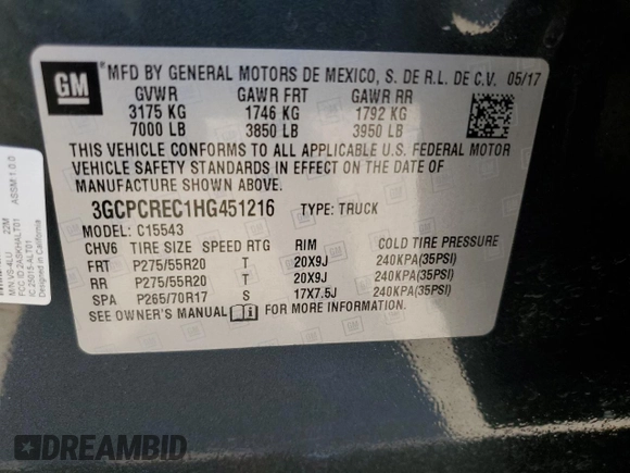2017 Chevrolet Silverado 1500 LT with VIN 3GCPCREC1HG451216, listed as a Copart auction lot 47066045 with 178,157 mi miles and Salvage Title. Bid and sale history available at carsss.com. Image 13.