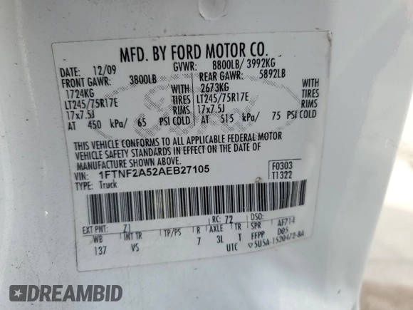 2010 Ford F-250 with VIN 1FTNF2A52AEB27105, listed as a Copart auction lot 77890344 with 133,664 mi miles and Clean title. Bid and sale history available at DreamBid. Image 12.