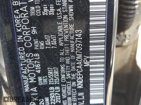 2021 Kia Seltos LX z VIN KNDEPCAA0M7097143, wystawiony jako Copart lot #54057815 z przebiegiem 59 930 mil mil oraz Szkoda całkowita • Salvage title. Historia ofert i sprzedaży dostępna na DreamBid. Obrazek 12.