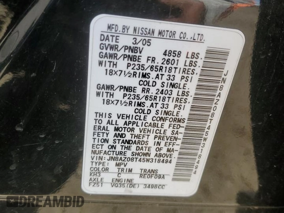 2005 Nissan Murano SL z VIN JN8AZ08T45W318494, wystawiony jako Copart lot #57463815 z przebiegiem 171 224 mil mil oraz Czysty tytuł • Clean title. Historia ofert i sprzedaży dostępna na DreamBid. Obrazek 13.