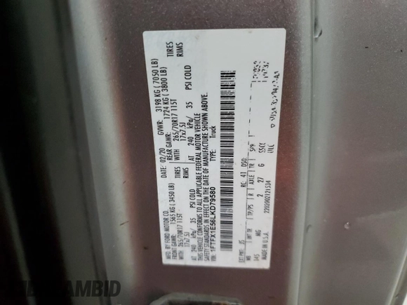 2020 Ford F-150 XL z VIN 1FTFX1E56LKD79580, wystawiony jako Copart lot #56359285 z przebiegiem 122 674 mil mil oraz Czysty tytuł • Clean title. Historia ofert i sprzedaży dostępna na DreamBid. Obrazek 12.