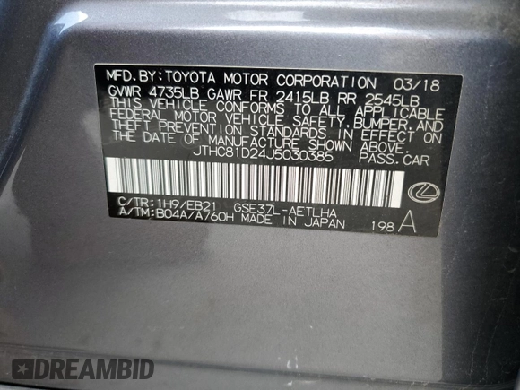 2018 Lexus IS 300 with VIN JTHC81D24J5030385, listed as a Copart auction lot 57968765 with 135,212 mi miles and Salvage title. Bid and sale history available at DreamBid. Image 12.
