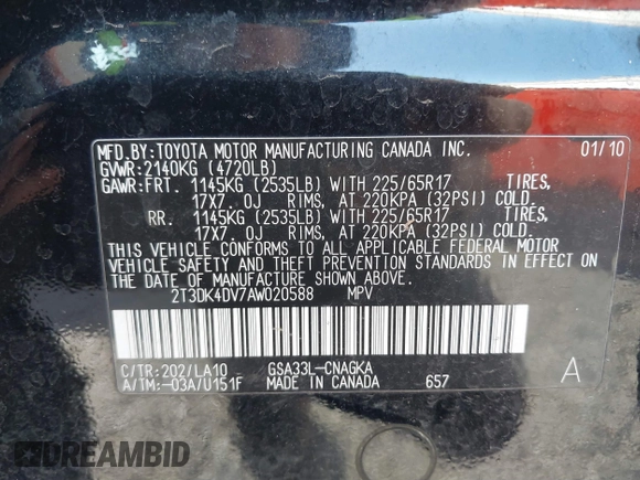 2010 Toyota RAV4 Ltd with VIN 2T3DK4DV7AW020588, listed as a IAAI auction lot 41725835 with 192,997 mi miles. Bid and sale history available at carsss.com. Image 9.
